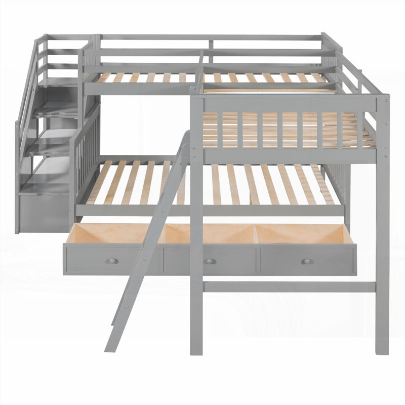 Lit superposé simple au-dessus d'un lit double en L - 3 tiroirs, échelle et amp; Escalier, gris (aucun sommier nécessaire, robuste et durable)