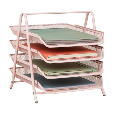 Organiseur de bureau à 4 niveaux Mind Reader avec poignée, rangement pour documents, plateaux coulissants et structure en maille métallique.