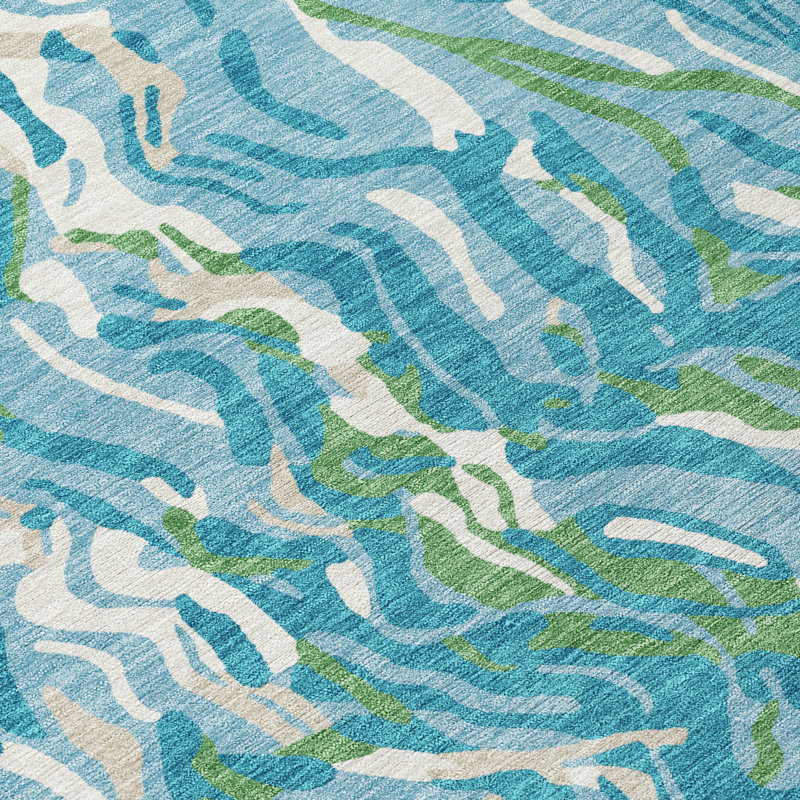 Teal and White Abstract Swirl Washable Synthetic Rug