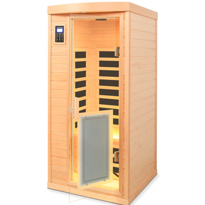 Chauffage infrarouge lointain pour une personne, intérieur, basse température, en bois de pruche, 8 panneaux chauffants, audio, commandes tactiles, protection contre la surchauffe et affichage en degrés Celsius.