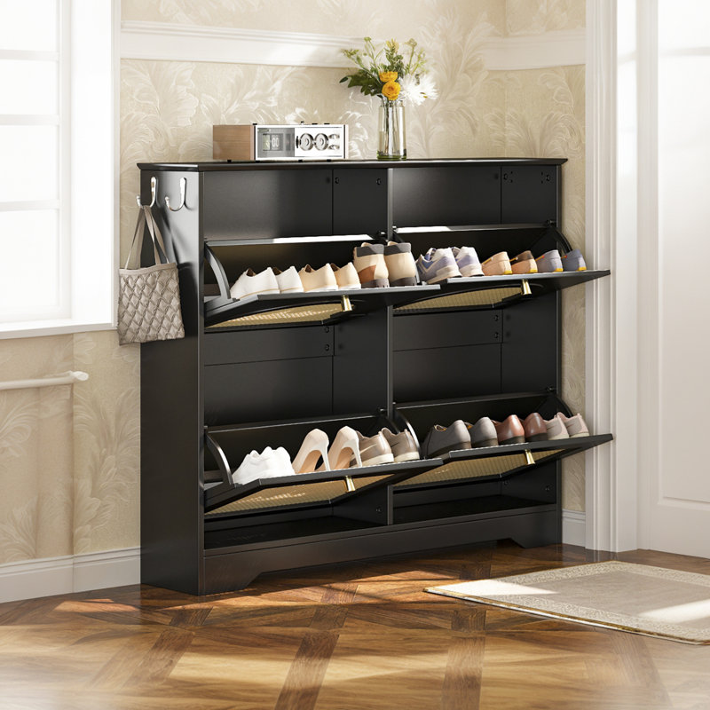 Medieval-Style Narrow Floor-To-Ceiling Shoe Cabinet - 4 Sliding Drawers With Rattan Doors, Featuring 2 Hooks, Black