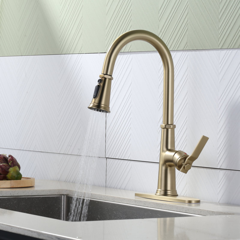 Brushed Gold Stainless Steel Single Handle Pull Down Kitchen Faucet