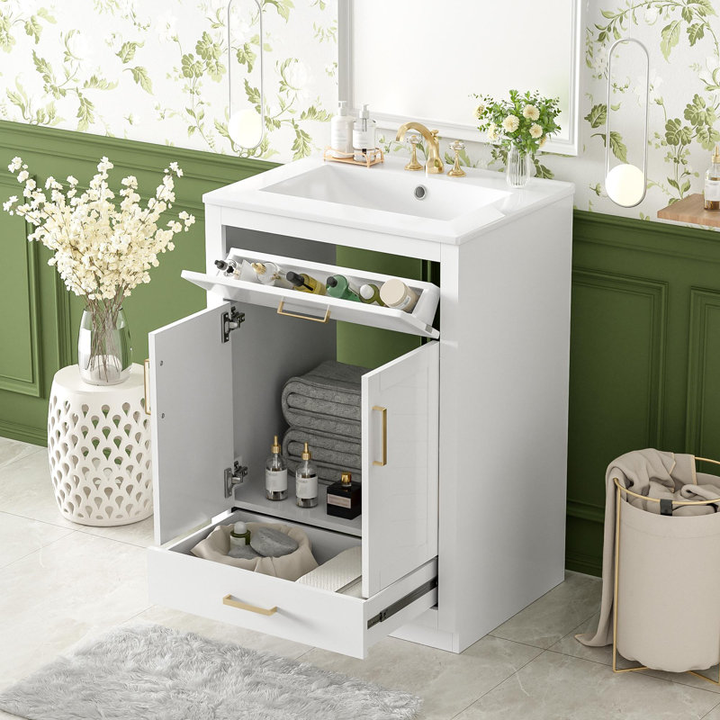 Bathroom Cabinet with Tip-out Drawer, White