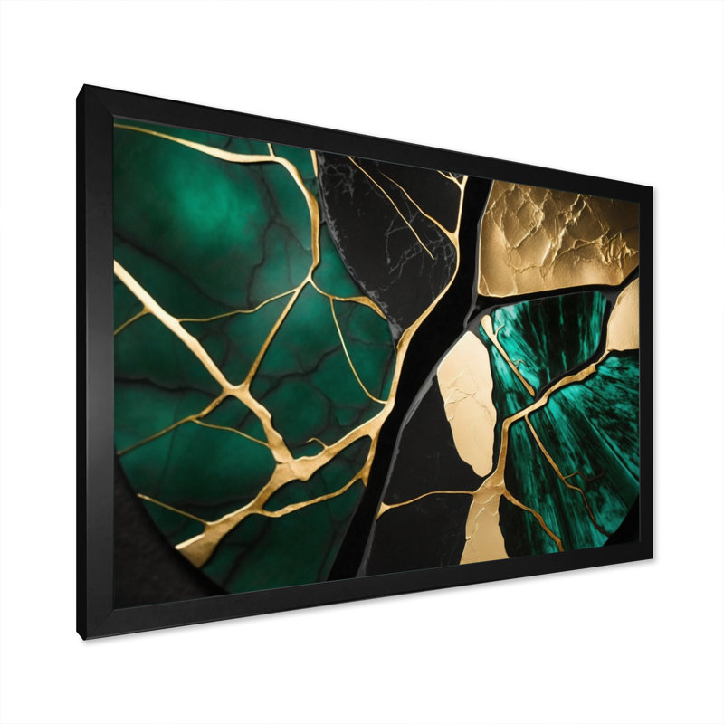 Abstract Geode Gold I - Art mural encadré abstrait en marbre, Cadre simple noir, L 20 po x H 12 po