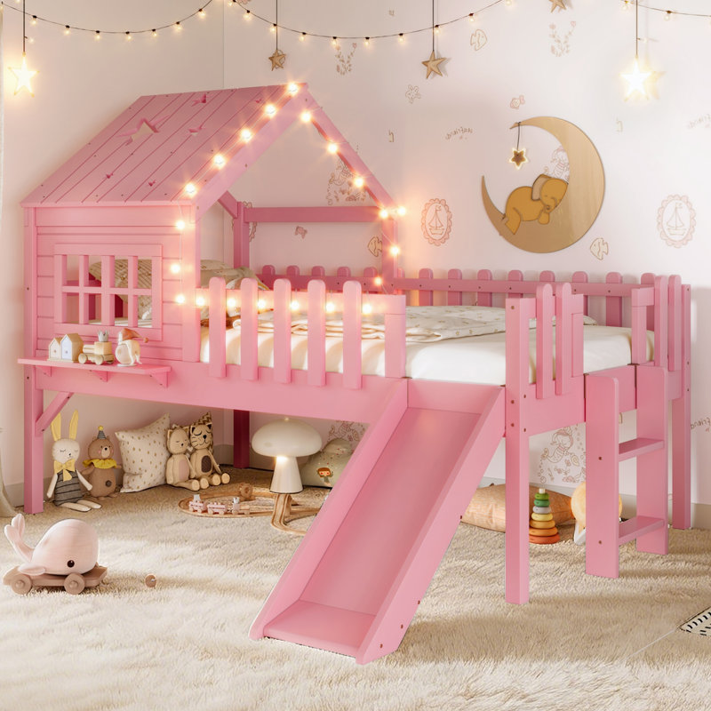 Lit mezzanine en bois massif avec lumières DEL, glissade et étoile en forme de lune, Lit simple, Rose