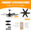 52" Black Ceiling Fan With Lights And Remote, 6 Blades, Industrial Cage Design For Living Room And Bedroom