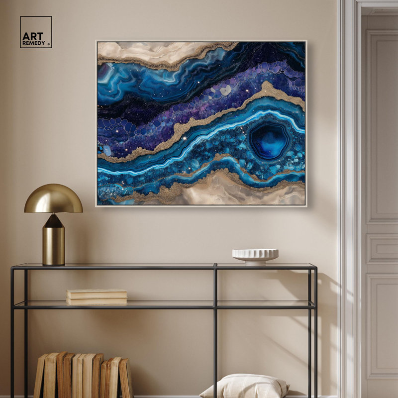«Galactic Geode I», toile Blue Geode par Art Remedy, H 17 po x l 21 po, Cadre flottant, Argent argent