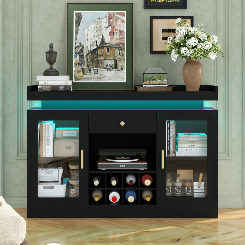 Wine Bar Cabinet With LED Light, Home Coffee Bar Cabinet With Wine And Glass Rack