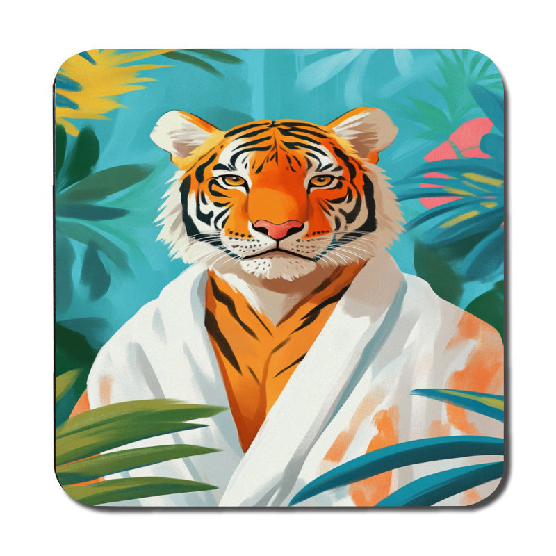 Tiger Print Placemat And Coaster Set From Designer Jungle Collection With Wood Backing Limited Edition