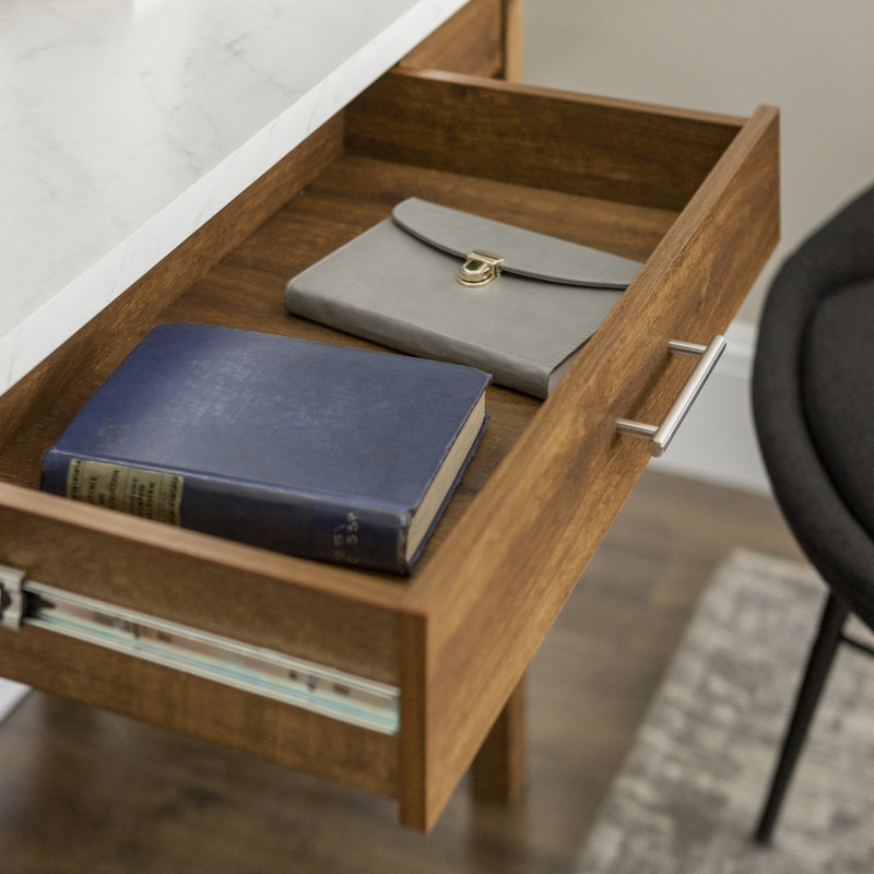 Cardiss 46" A-Frame Writing Desk, Faux White Marble/Natural Walnut