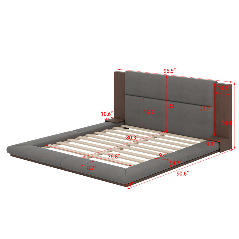 Floor Upholstered Platform Bed With Extended Wood Headboard & Bedside Shelf