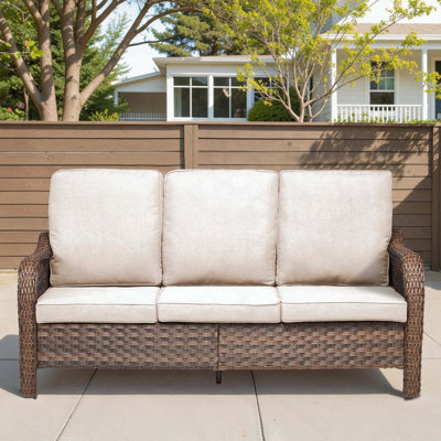70.9-Inch 3-Seat PE Wicker Rattan Outdoor Sofa with Beige Cushions