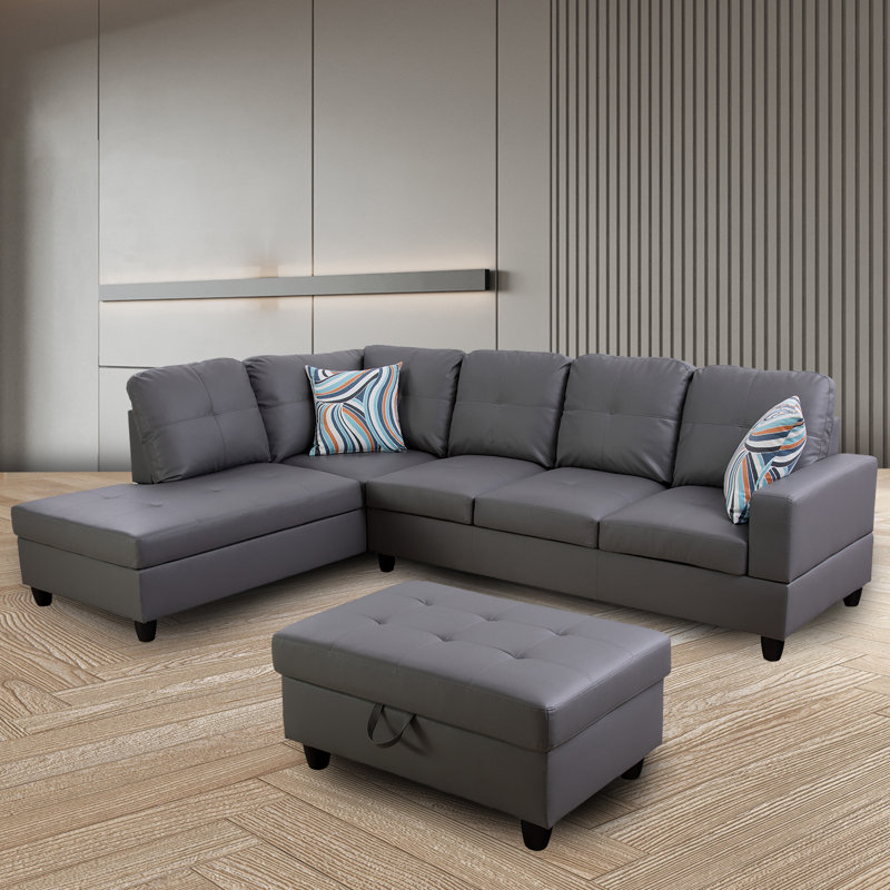 Ensemble de salon modulaire en similicuir 3 pièces Elsiana, Accoudoir à gauche (vu de face), Similicuir gris
