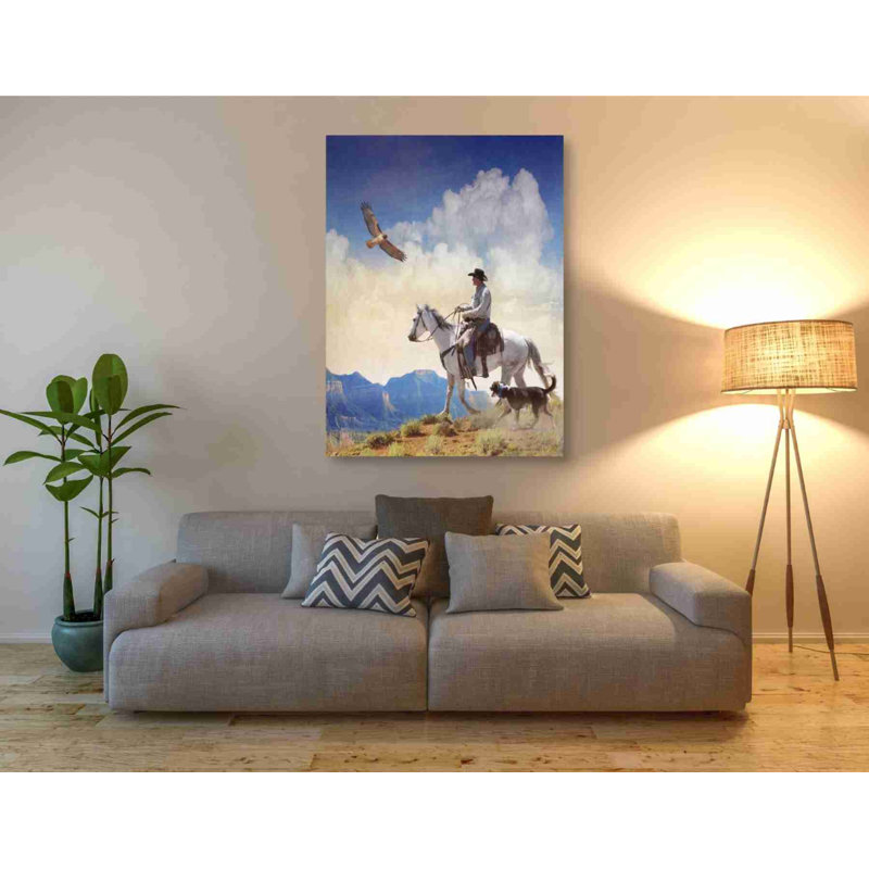 «Cowboy with Dog and Hawk» par Chris Vest, art mural sur toile, H 54 po x l 40 po x P 1,5 po