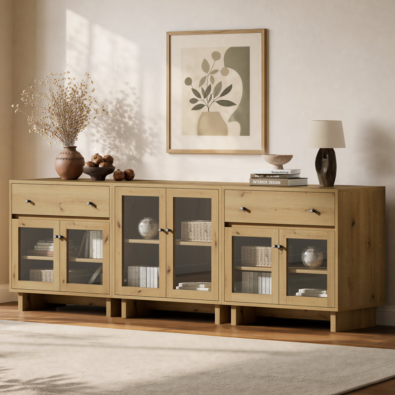 Ensemble de rangement modulaire 3 pièces avec 2 tiroirs, 6 portes vitrées, tablettes réglables et fini chêne naturel.