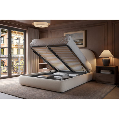 Modern Upholstered Storage Platform Frame with Curved Padded Headboard, Hydraulic Lift-Up Base, Spacious Hidden Compartment, Slat Support System