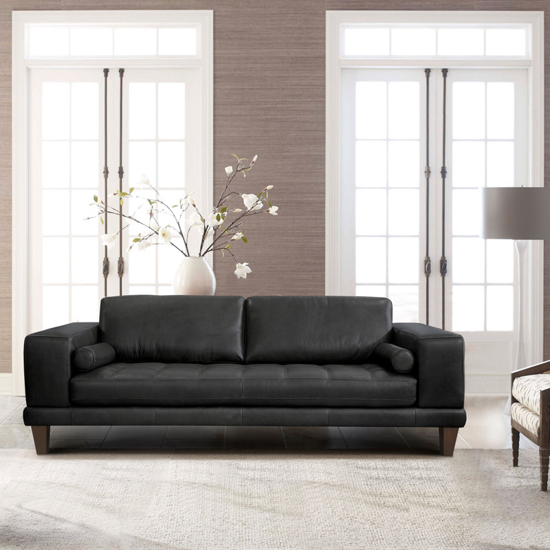Canapé à accoudoirs arrondis en cuir véritable 93,7 po Randolph, Cuir véritable noir