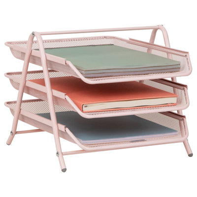 3-Tier Paper Tray, Desktop Organizer, File Storage, Workspace, Office, Metal Mesh, Pink