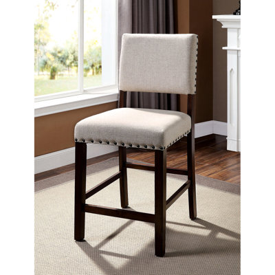 Chaises de salle à manger à hauteur de comptoir 2 pièces de caractère industriel, bois massif avec tissu rembourré, coussin en lin rembourré et garniture cloutée attrayante pour chaise 2 pièces, garniture élégante en tissu, pièce