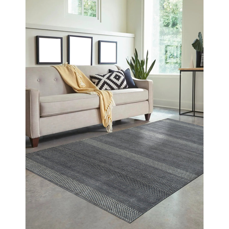 Tapis contemporain gris en laine et viscose noué à la main gris Krisstopher, Rectangle 9 pi x 12 pi