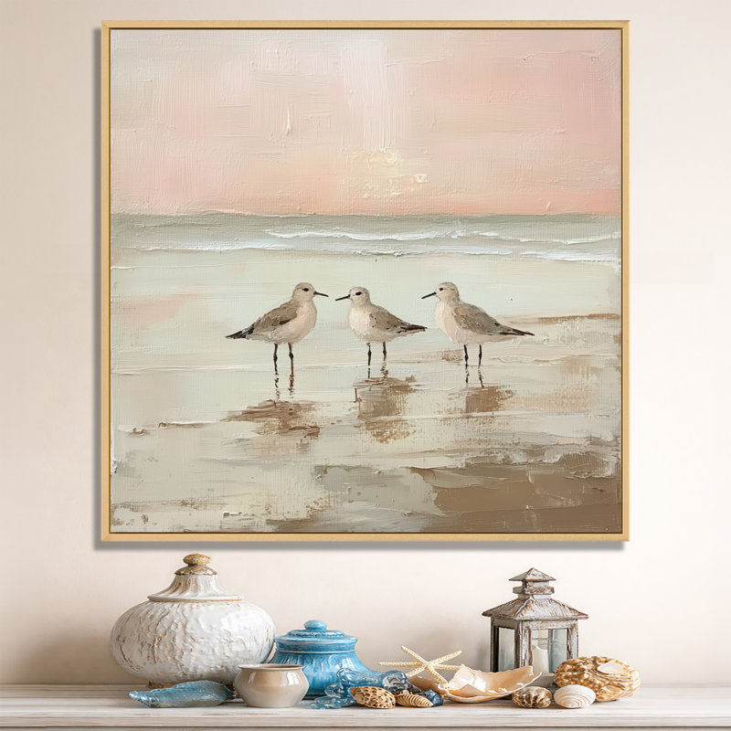 Bécasseaux du coucher du soleil - Tableau sur toile de plage, H 44 po x l 44 po, Cadre naturel flottant