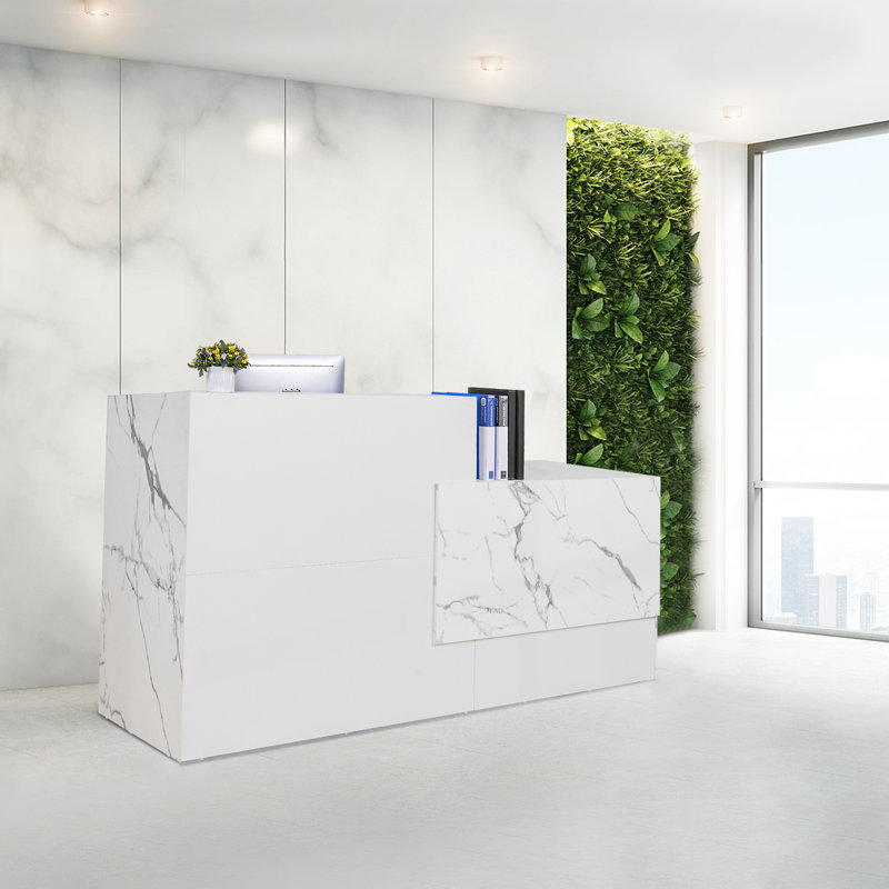 Bureau de réception moderne 86,8 po avec motif en marbre, tiroir verrouillable et plateau à clavier - Réception spacieuse pour le bureau, l'hôtel, le restaurant et la salle de réunion