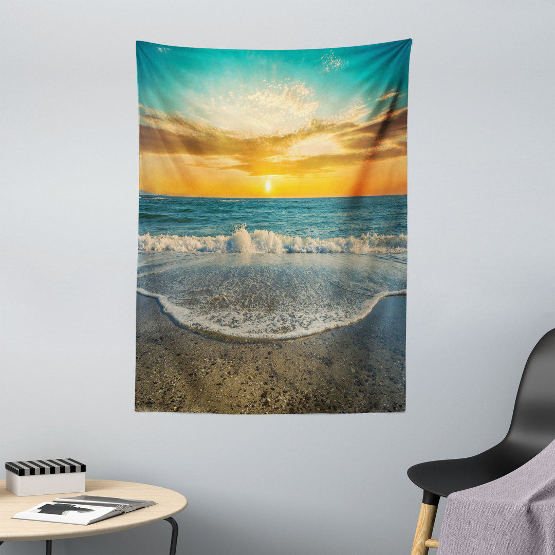 Wandteppich, Scenic Sunset Scenery Print, Apricot Teal und Meeresblau