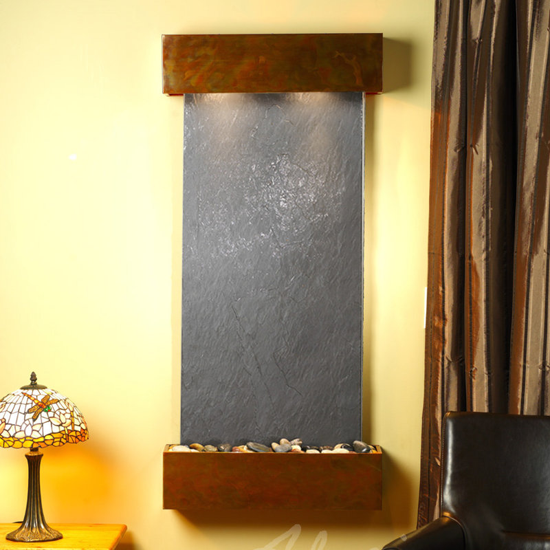 Cascade Springs Natural Stone Fountain with Light, Black Feather, Rustic Copper
