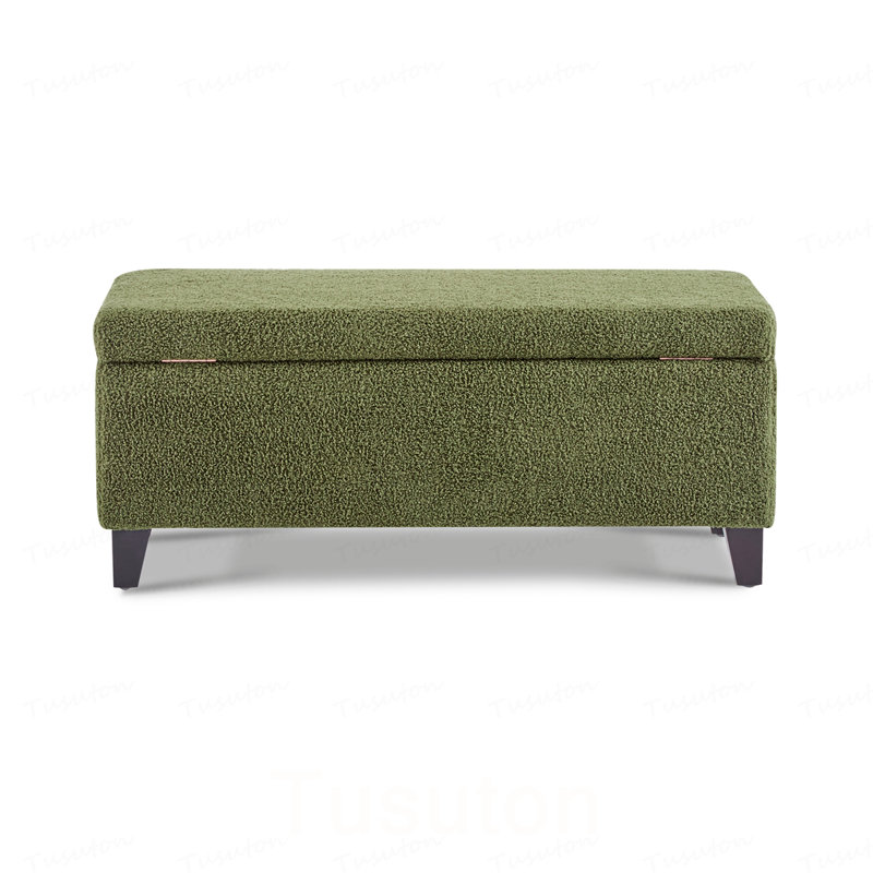 Repose-pieds de rangement avec couvercle rabattable, assemblage facile, pieds bouclés en tissu et bois d'hévéa, vert rétro