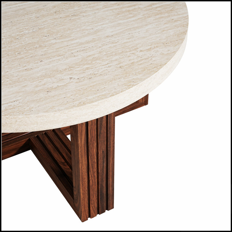 Table basse ronde avec plateau effet marbre et piètement en croix, table centrale moderne pour salon avec fini bois naturel.