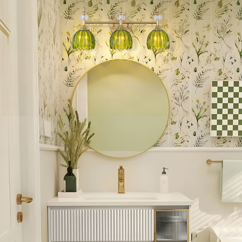 3-Light Floral Wall Sconce Tulip Glass Shade, Green