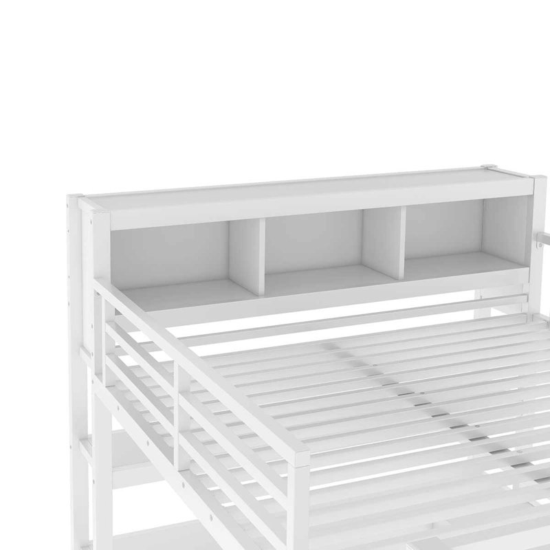 Metal Loft Bed With Wardrobe And L-Shaped Desk, Loft Bed With Storage Cubes For Kids Teens Adults, White, Queen