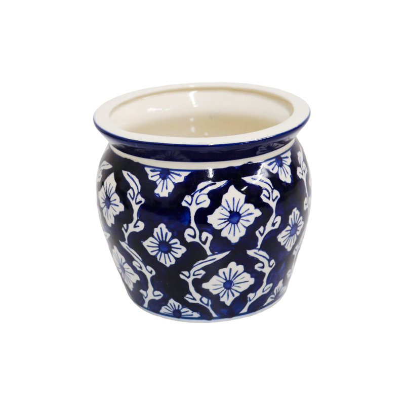 Home&Manor Ceramic Medium Planter Blue/White