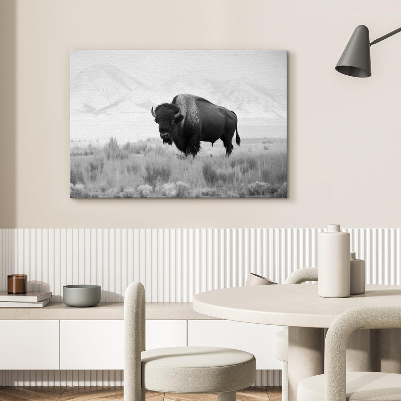 Vache animaux monochromes majestueux bison en hiver, nature, paysage, moderne, chic sur toile, H 32 po x l 48 po