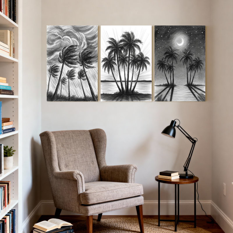 Palmiers, palmiers, reflet du ciel, étoiles de lune, nuages, vent, eau, ensemble de 3 impressions sur toile