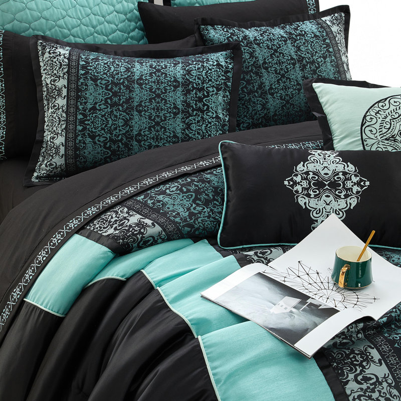 California King Aqua and Black Jacquard Comforter Set, 12 Pieces