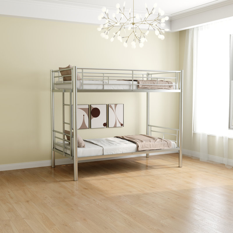Lit superposé simple au-dessus de simple avec échelle et garde-corps élevé, capable de se diviser, lit superposé en métal, espace de rangement, silencieux