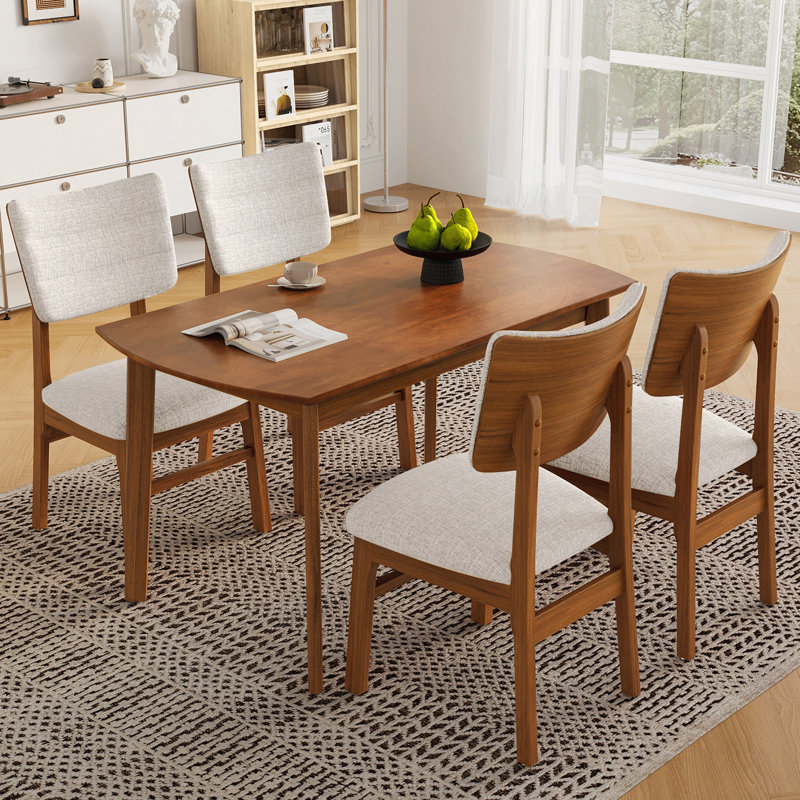 Ensemble de table de salle à manger Farmhouse pour 4, table de cuisine en bois et 4 chaises rembourrées avec structure en bois d'hévéa robuste, siège rembourré, dossier incurvé, ensemble de coin-repas peu encombrant pour la salle à manger, brun et beige