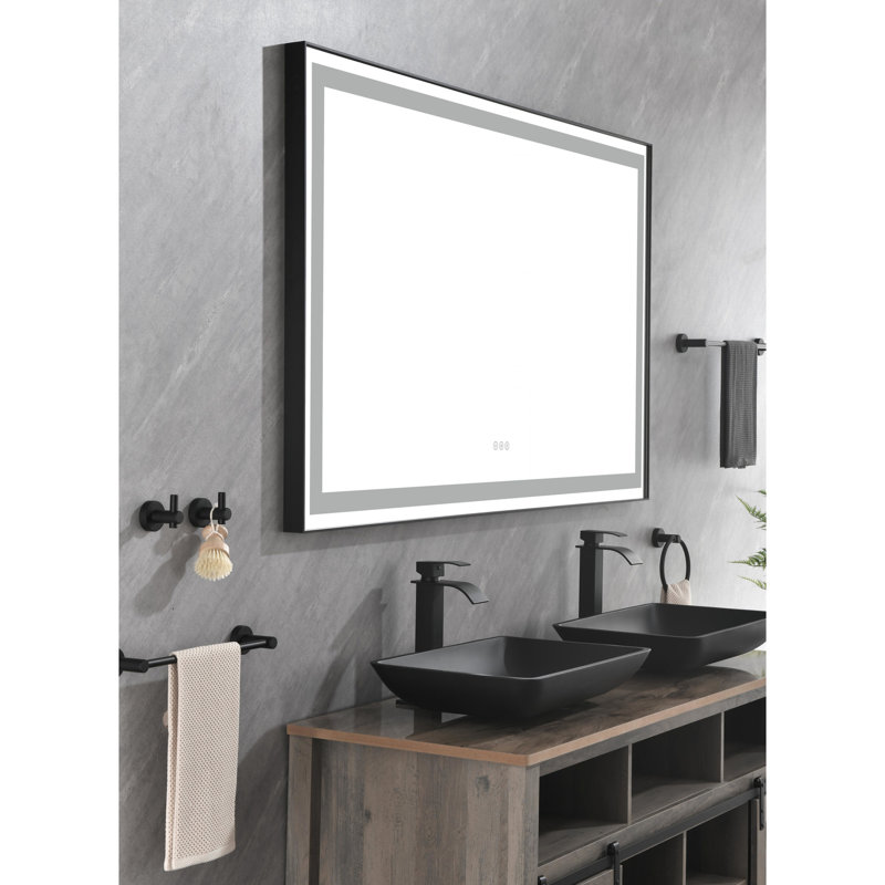 Miroir mural de salle de bain 72 * 48 avec DEL - Lumen élevé, brouillard, aluminium noir mat