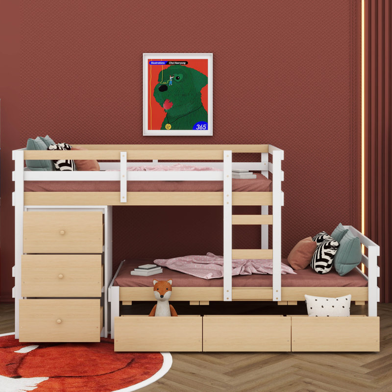 Space-Saving Twin Over Twin Loft Bunk Bed With Integrated Drawers And Sturdy Ladder, Natural