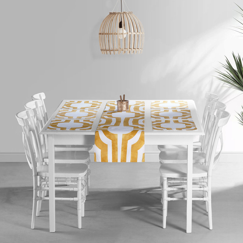 Cobyn 7 Piece Printed Cotton Table Runner and Placemats for Dining Room Set, Mecca Gold