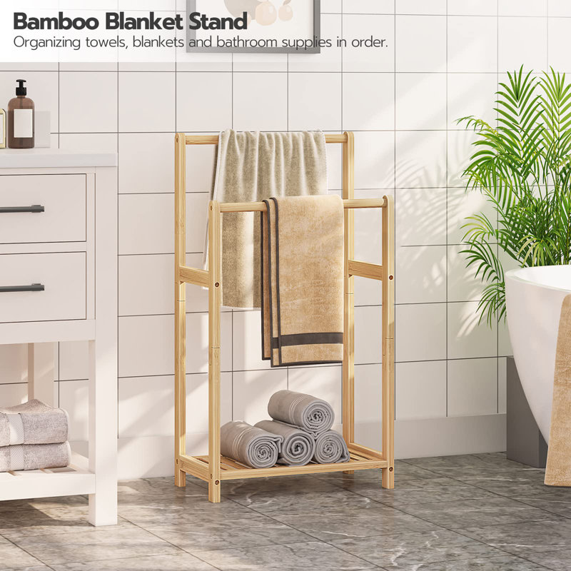 Double porte-serviettes de salle de bain autoportant en bambou, Naturel