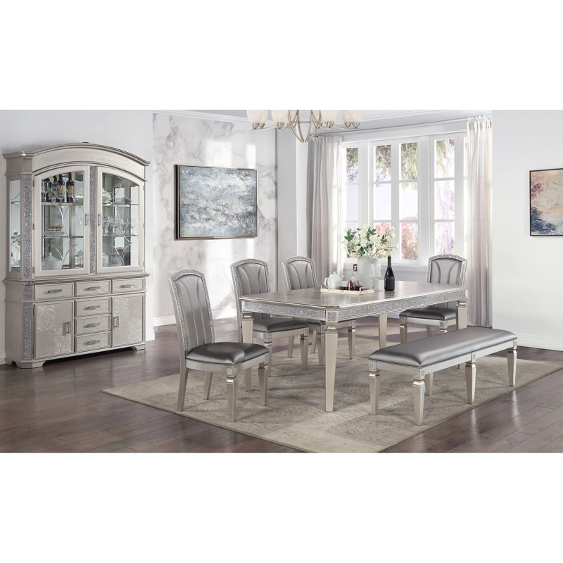 Modern Silver Gray Bench - 60" With Upholstered Seat And Sparkling Ornaments For Interior Long Embellishments Living Spaces