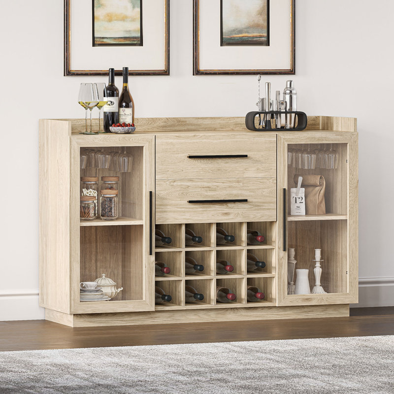 Raymen 55" Wine Bar Cabinet with Wine Glass Holder and Drawer Style Wine Racks, White Lotus