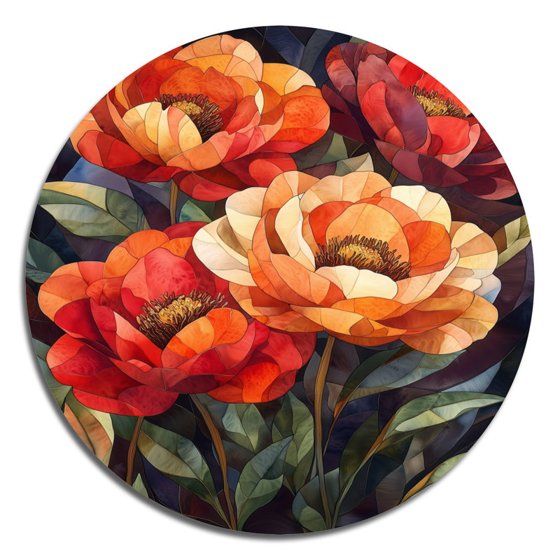 Pivoines en sculpture abstraite - pivoines rondes, décoration murale en métal traditionnelle rouge, H 16 po x l 16 po