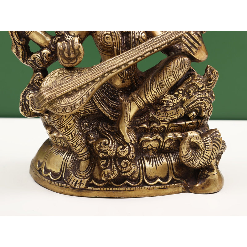 Handcrafted Brass Goddess Saraswati Statue with Veena, 11.5 in., Traditional Hindu Religious Figurine for Home Altar & Meditation Room