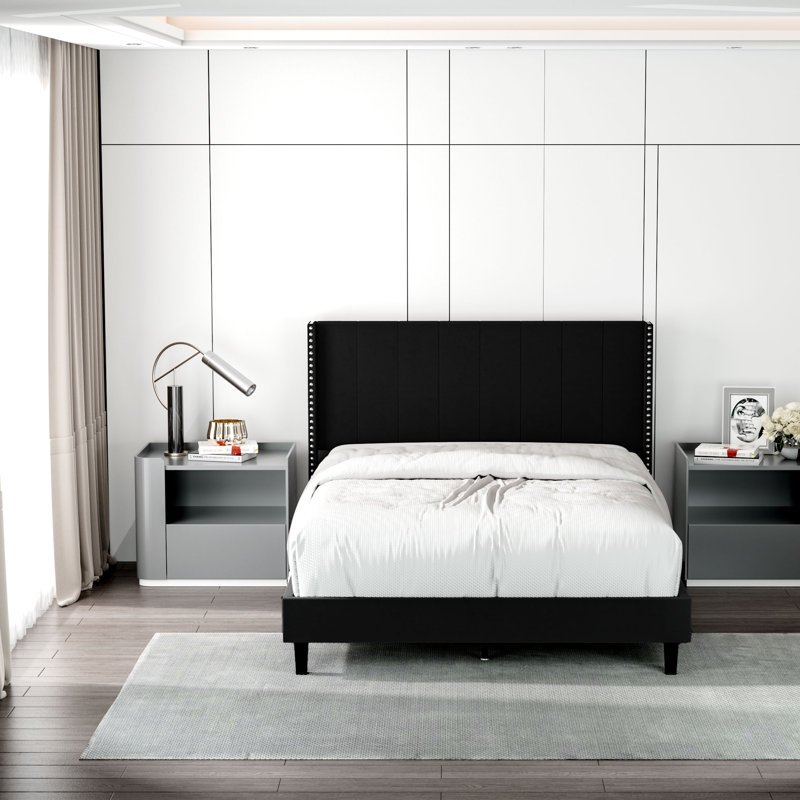 Janaila Tufted Upholstered Platform Bed, Black, Queen