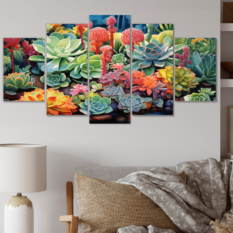 Succulentes Succulent Oasis I - Art mural floral salon - 5 panneaux