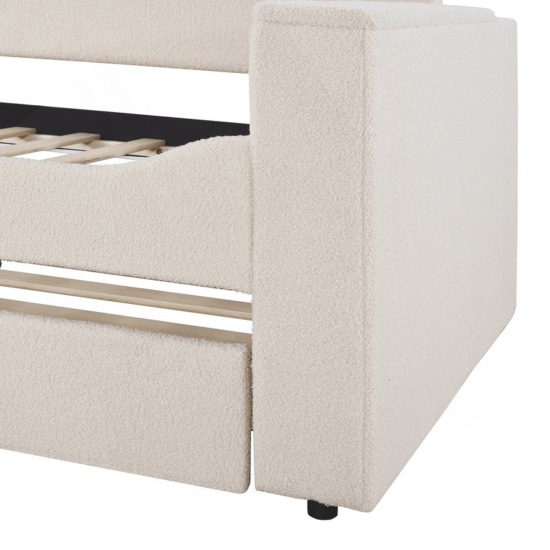 Lit de jour rembourré avec accoudoirs de rangement, lit gigogne et dernier système audio Bluetooth intégré, Beige, Lit simple