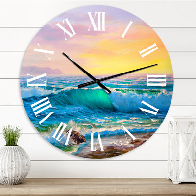 Blue Waves Breaking At The Beach IV - Horloge murale nautique et côtière